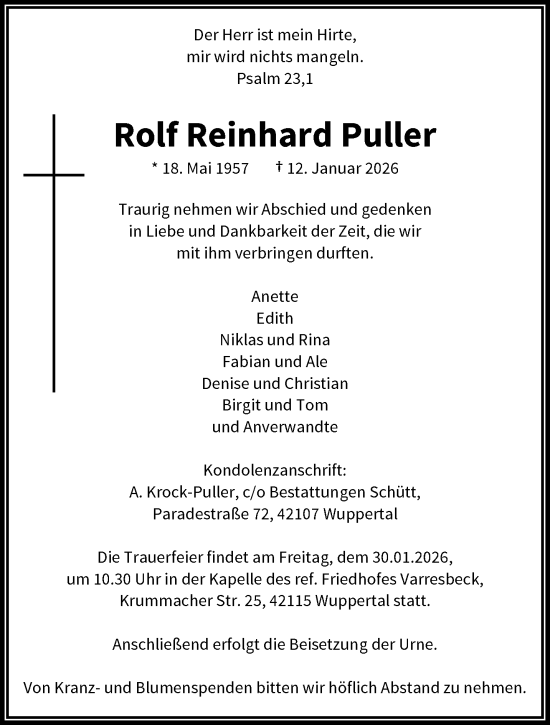 Traueranzeige von Rolf Reinhard Puller von trauer.wuppertaler-rundschau.de