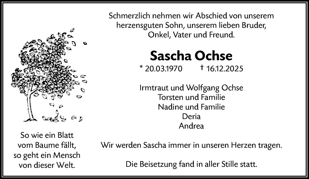  Traueranzeige für Sascha Ochse vom 31.01.2026 aus trauer.wuppertaler-rundschau.de