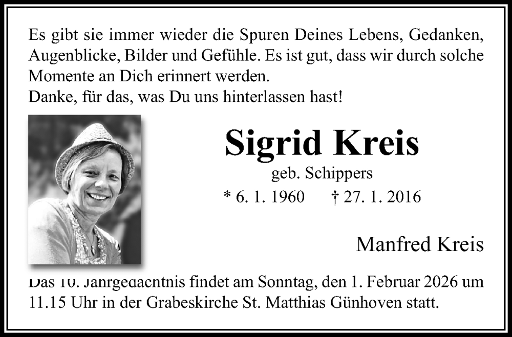  Traueranzeige für Sigrid Kreis vom 25.01.2026 aus trauer.panorama-anzeigenblatt.de