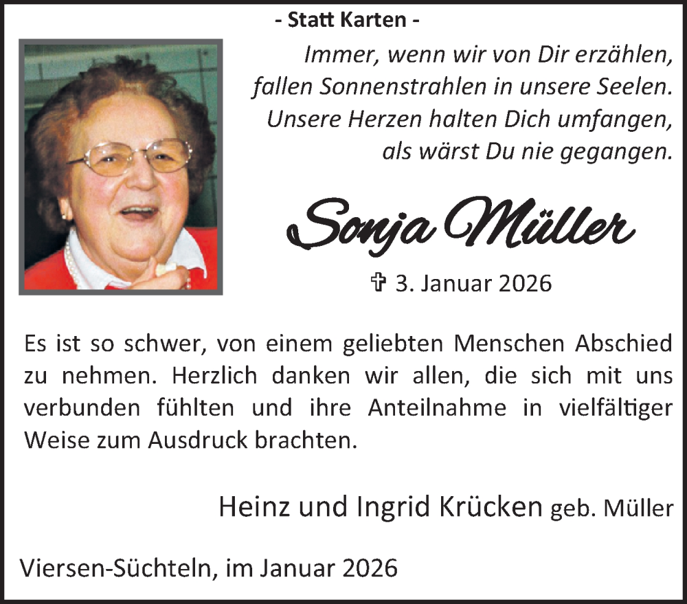  Traueranzeige für Sonja Müller vom 25.01.2026 aus trauer.panorama-anzeigenblatt.de