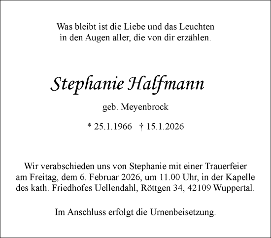 Traueranzeige von Stephanie Halfmann von trauer.wuppertaler-rundschau.de