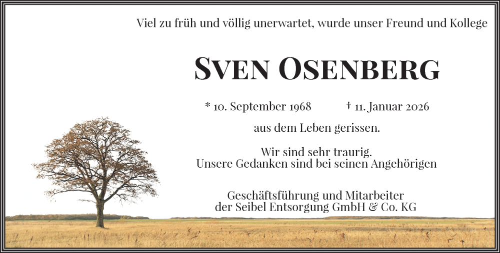  Traueranzeige für Sven Osenberg vom 17.01.2026 aus trauer.wuppertaler-rundschau.de