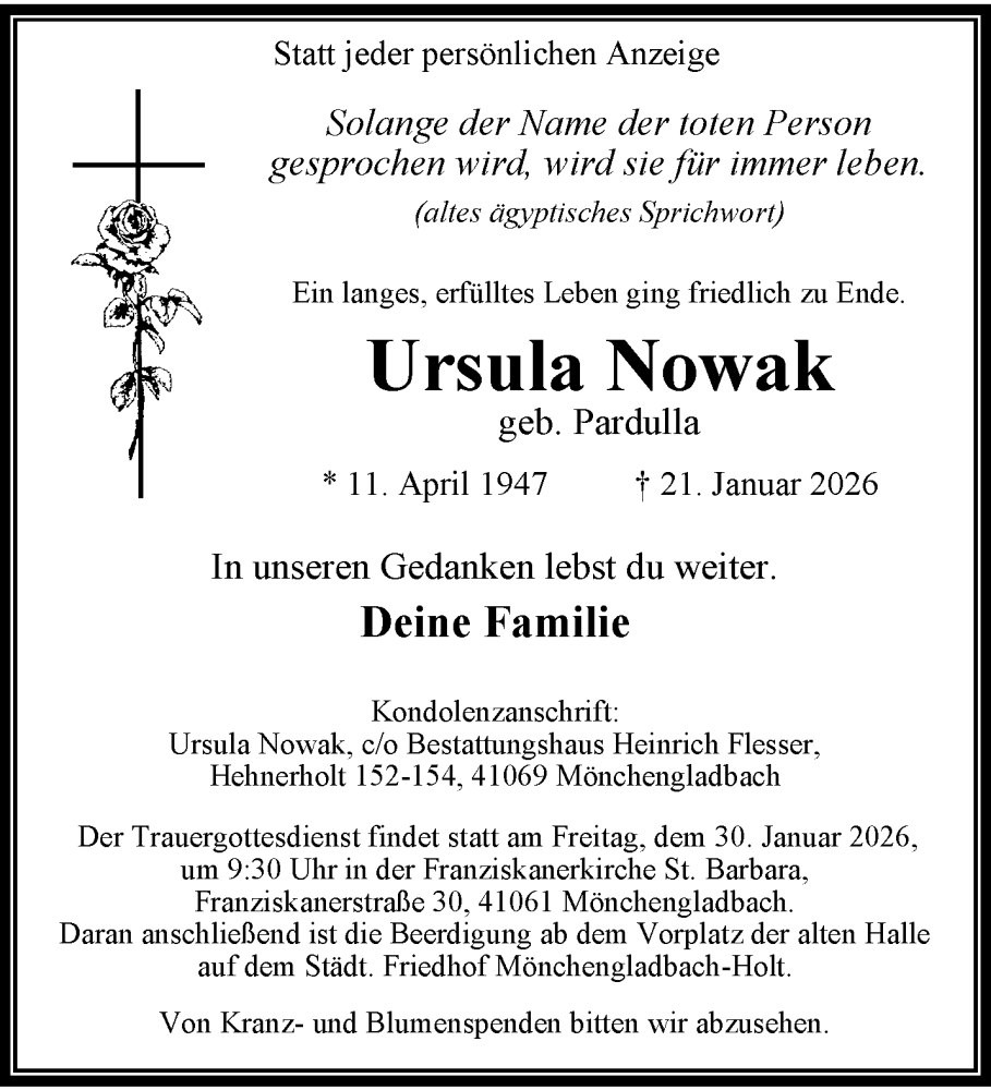  Traueranzeige für Ursula Nowak vom 25.01.2026 aus trauer.panorama-anzeigenblatt.de