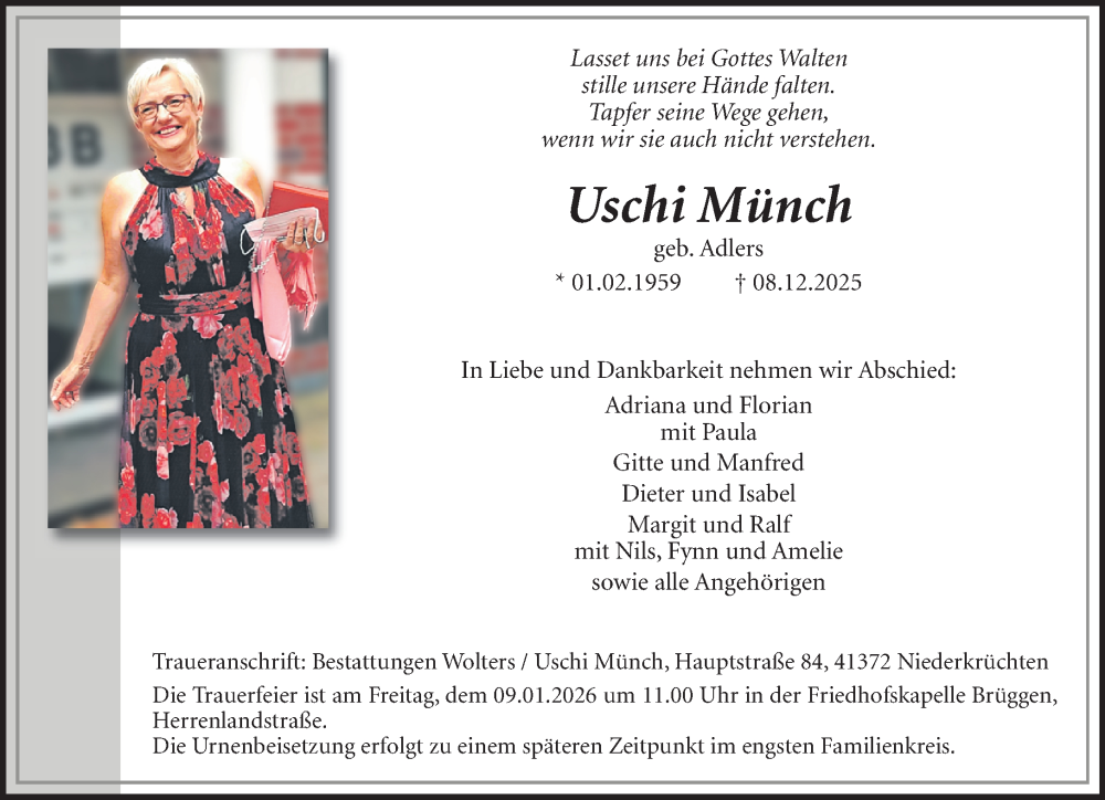  Traueranzeige für Uschi Münch vom 04.01.2026 aus trauer.panorama-anzeigenblatt.de