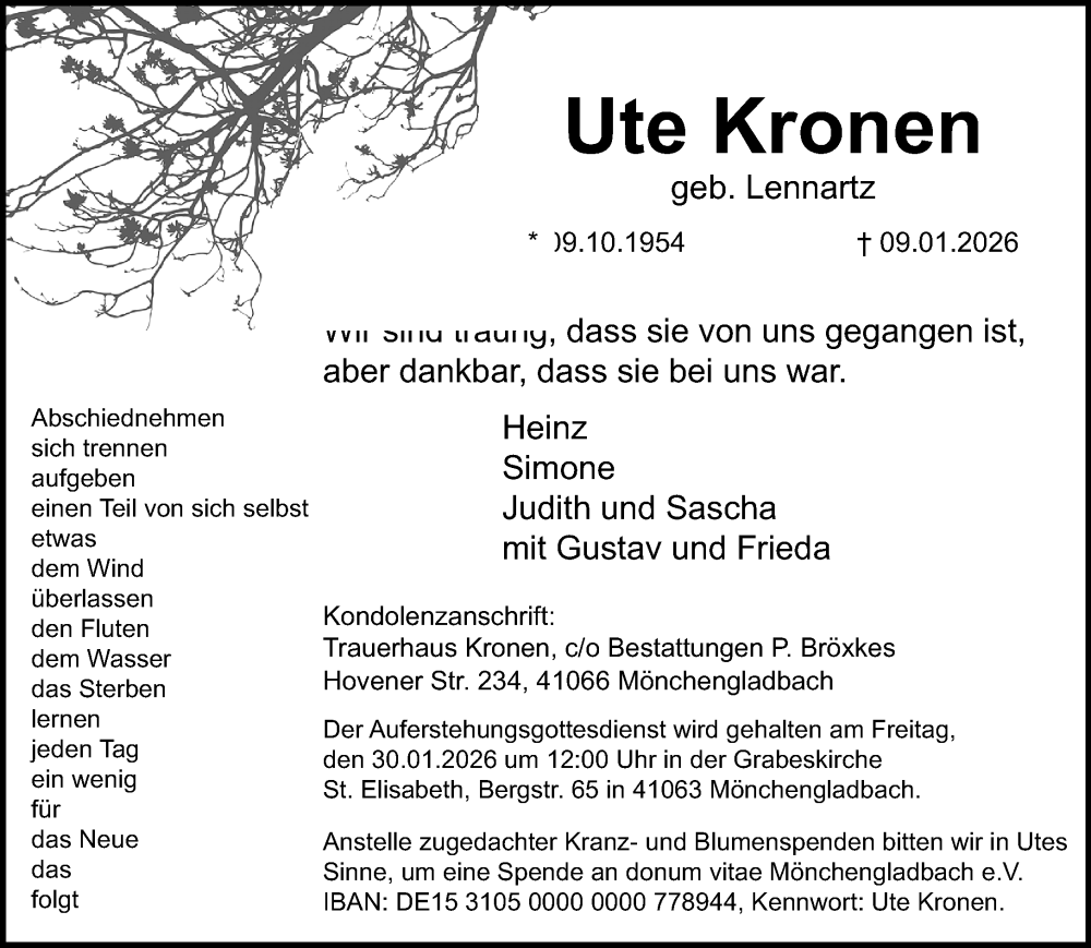  Traueranzeige für Ute Kronen vom 18.01.2026 aus trauer.panorama-anzeigenblatt.de