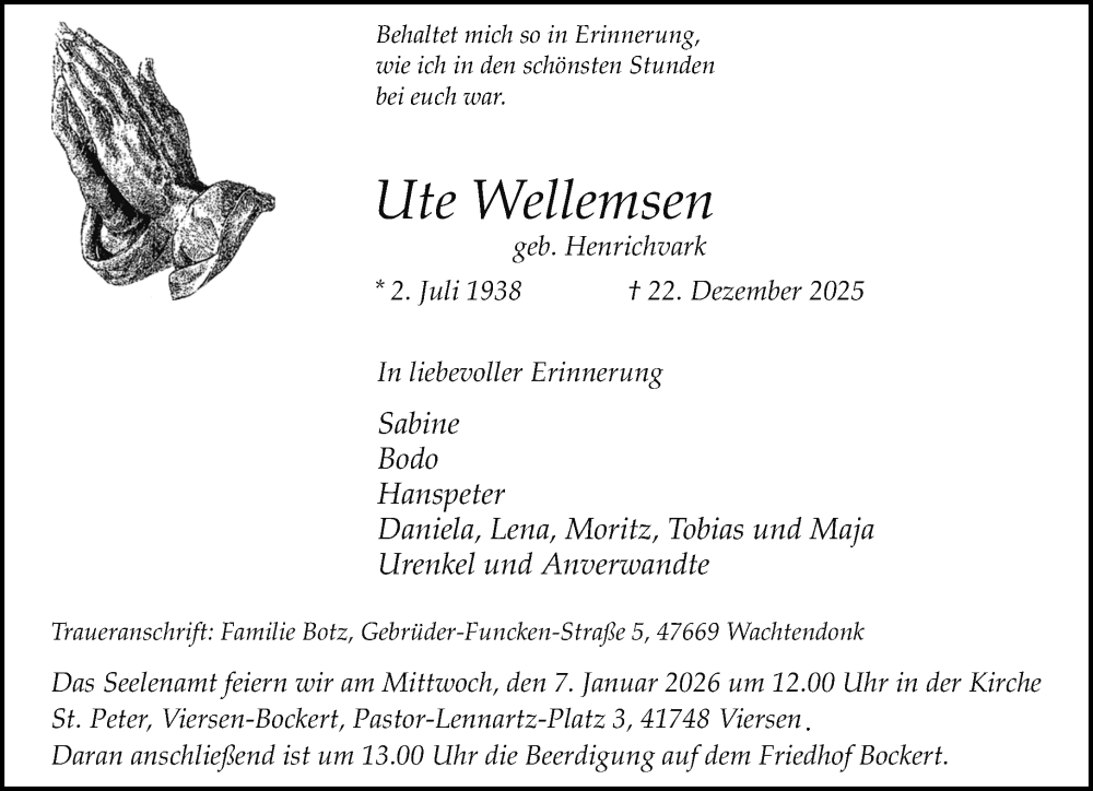  Traueranzeige für Ute Wellemsen vom 04.01.2026 aus trauer.panorama-anzeigenblatt.de