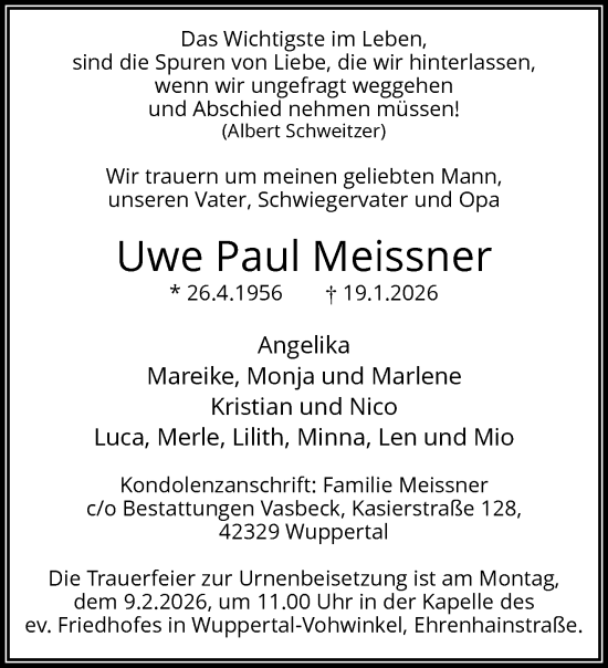 Traueranzeige von Uwe Paul Meissner von trauer.wuppertaler-rundschau.de