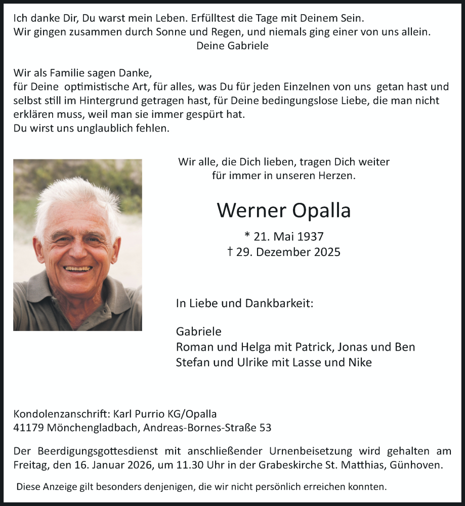 Traueranzeige für Werner Opalla vom 11.01.2026 aus trauer.panorama-anzeigenblatt.de