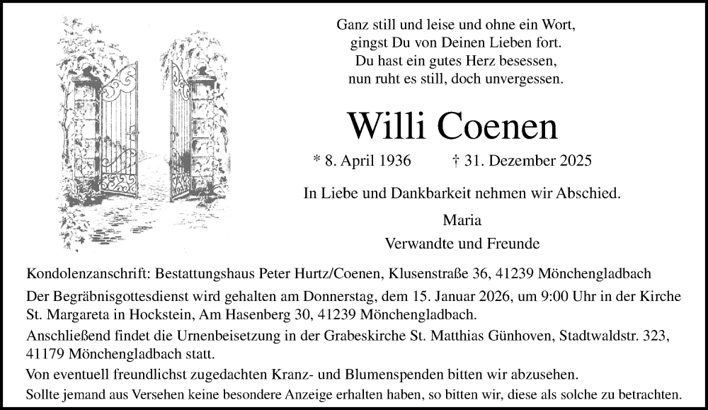  Traueranzeige für Willi Coenen vom 11.01.2026 aus trauer.panorama-anzeigenblatt.de