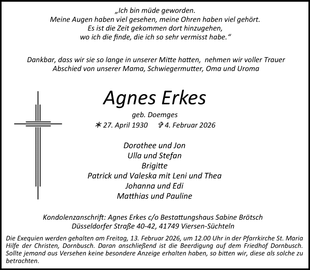  Traueranzeige für Agnes Erkes vom 08.02.2026 aus trauer.panorama-anzeigenblatt.de