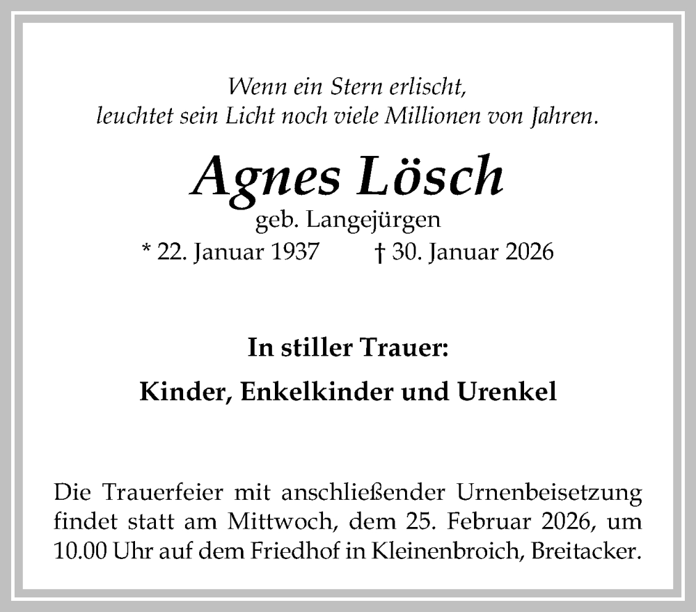  Traueranzeige für Agnes Lösch vom 08.02.2026 aus trauer.panorama-anzeigenblatt.de