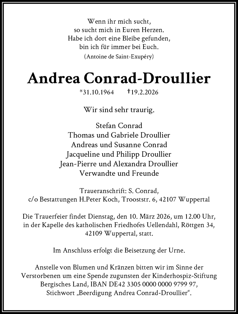  Traueranzeige für Andrea Conrad-Droullier vom 28.02.2026 aus trauer.wuppertaler-rundschau.de