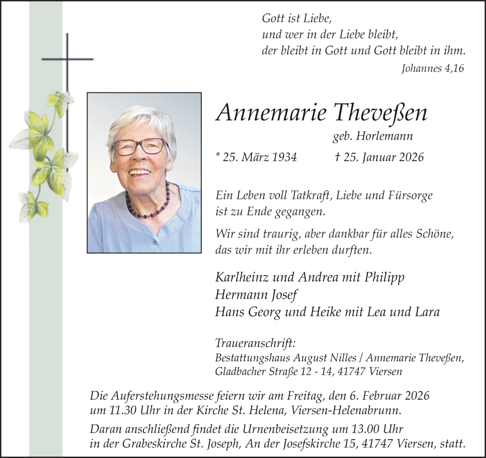  Traueranzeige für Annemarie Theveßen vom 01.02.2026 aus trauer.panorama-anzeigenblatt.de