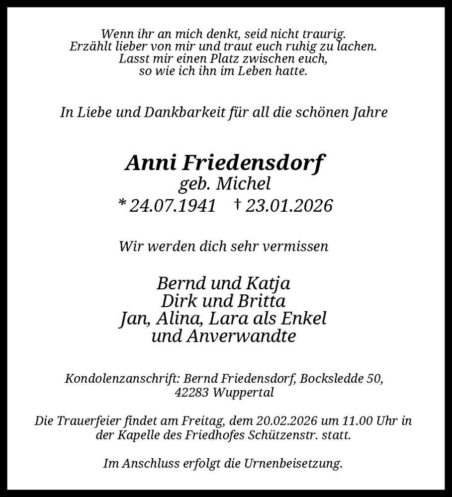 Traueranzeige für Anni Friedensdorf vom 14.02.2026 aus trauer.wuppertaler-rundschau.de