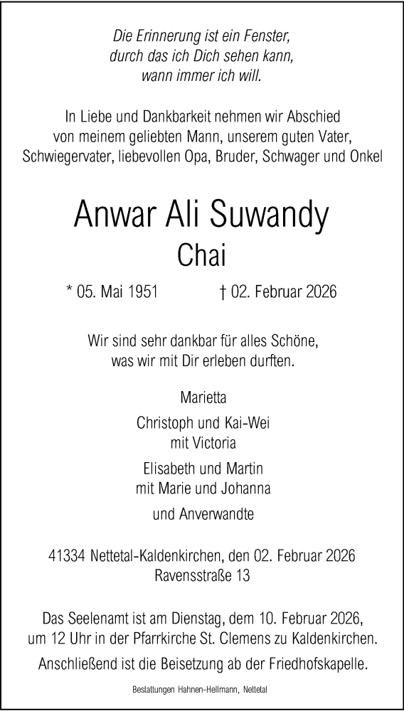  Traueranzeige für Anwar Ali Suwandy vom 08.02.2026 aus trauer.panorama-anzeigenblatt.de
