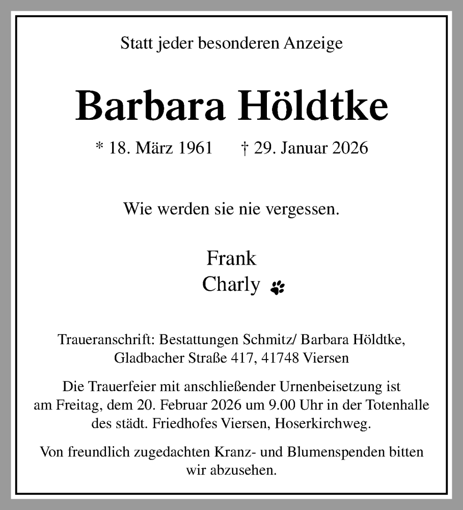  Traueranzeige für Barbara Höldtke vom 08.02.2026 aus trauer.panorama-anzeigenblatt.de