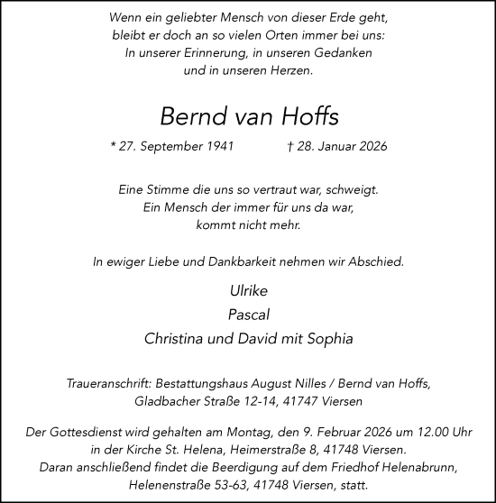 Traueranzeige von Bernd van Hoffs von trauer.panorama-anzeigenblatt.de