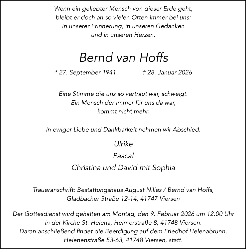  Traueranzeige für Bernd van Hoffs vom 01.02.2026 aus trauer.panorama-anzeigenblatt.de