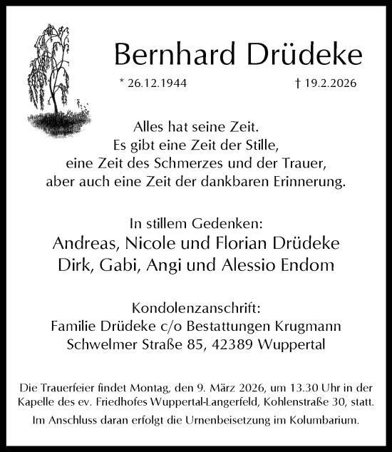 Traueranzeige von Bernhard Drüdeke von trauer.wuppertaler-rundschau.de