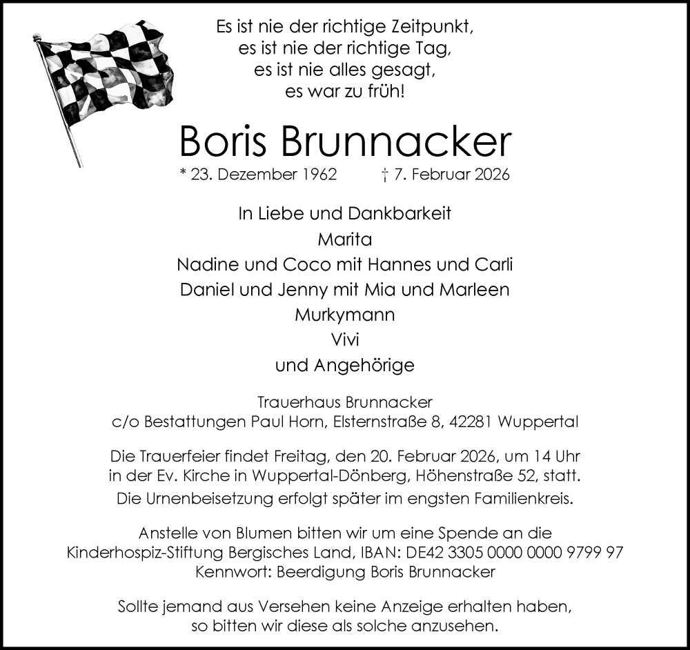  Traueranzeige für Boris Brunnacker vom 14.02.2026 aus trauer.wuppertaler-rundschau.de