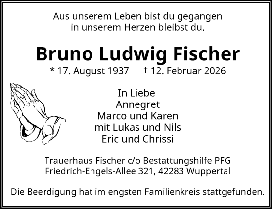 Traueranzeige von Bruno Ludwig Fischer von trauer.wuppertaler-rundschau.de