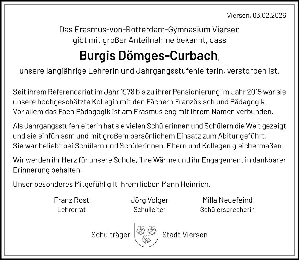  Traueranzeige für Burgis Dömges-Curbach vom 08.02.2026 aus trauer.panorama-anzeigenblatt.de