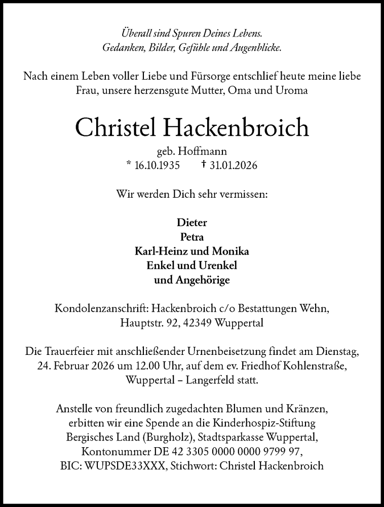  Traueranzeige für Christel Hackenbroich vom 14.02.2026 aus trauer.wuppertaler-rundschau.de