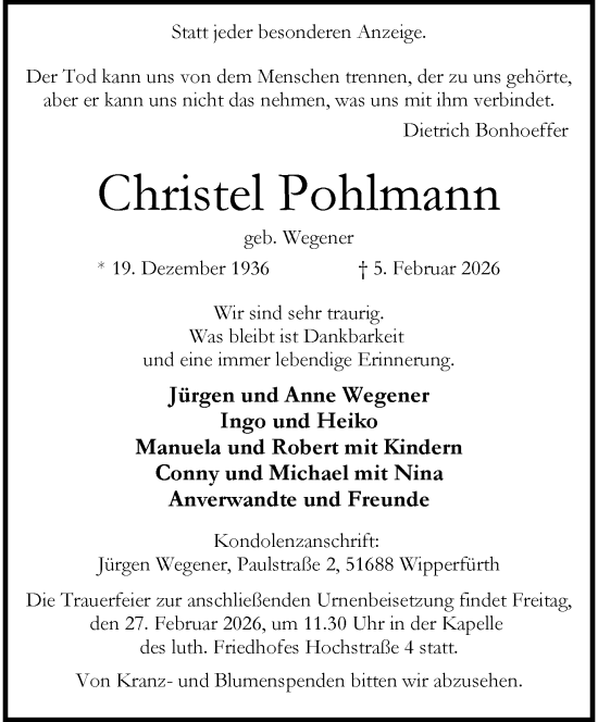 Traueranzeige von Christel Pohlmann von trauer.wuppertaler-rundschau.de