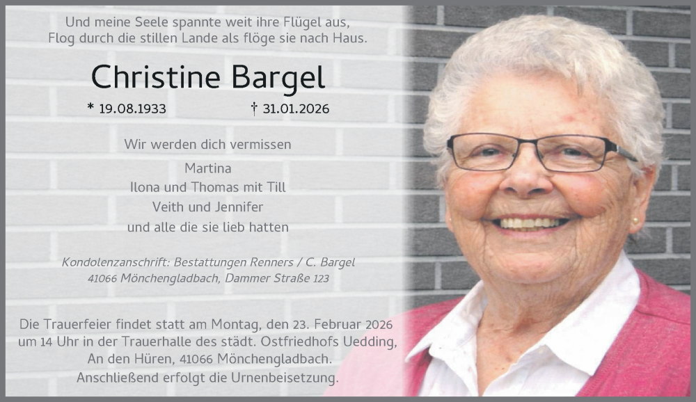  Traueranzeige für Christine Bargel vom 15.02.2026 aus trauer.panorama-anzeigenblatt.de