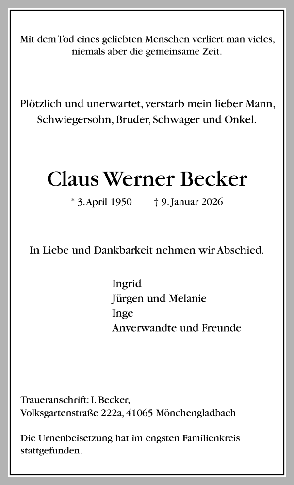  Traueranzeige für Claus Werner Becker vom 08.02.2026 aus trauer.panorama-anzeigenblatt.de