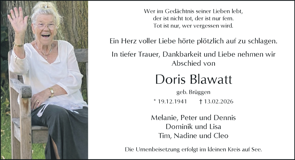  Traueranzeige für Doris Blawatt vom 21.02.2026 aus trauer.wuppertaler-rundschau.de