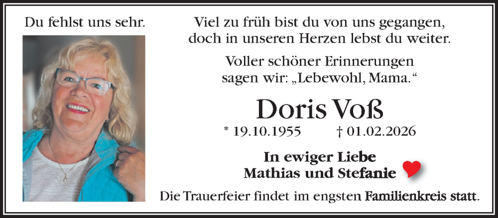 Traueranzeige für Doris Voß vom 08.02.2026 aus trauer.panorama-anzeigenblatt.de