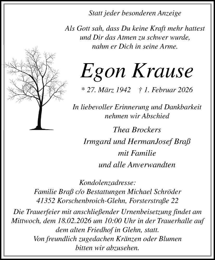  Traueranzeige für Egon Krause vom 08.02.2026 aus trauer.panorama-anzeigenblatt.de