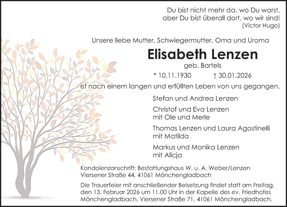  Traueranzeige für Elisabeth Lenzen vom 08.02.2026 aus trauer.panorama-anzeigenblatt.de
