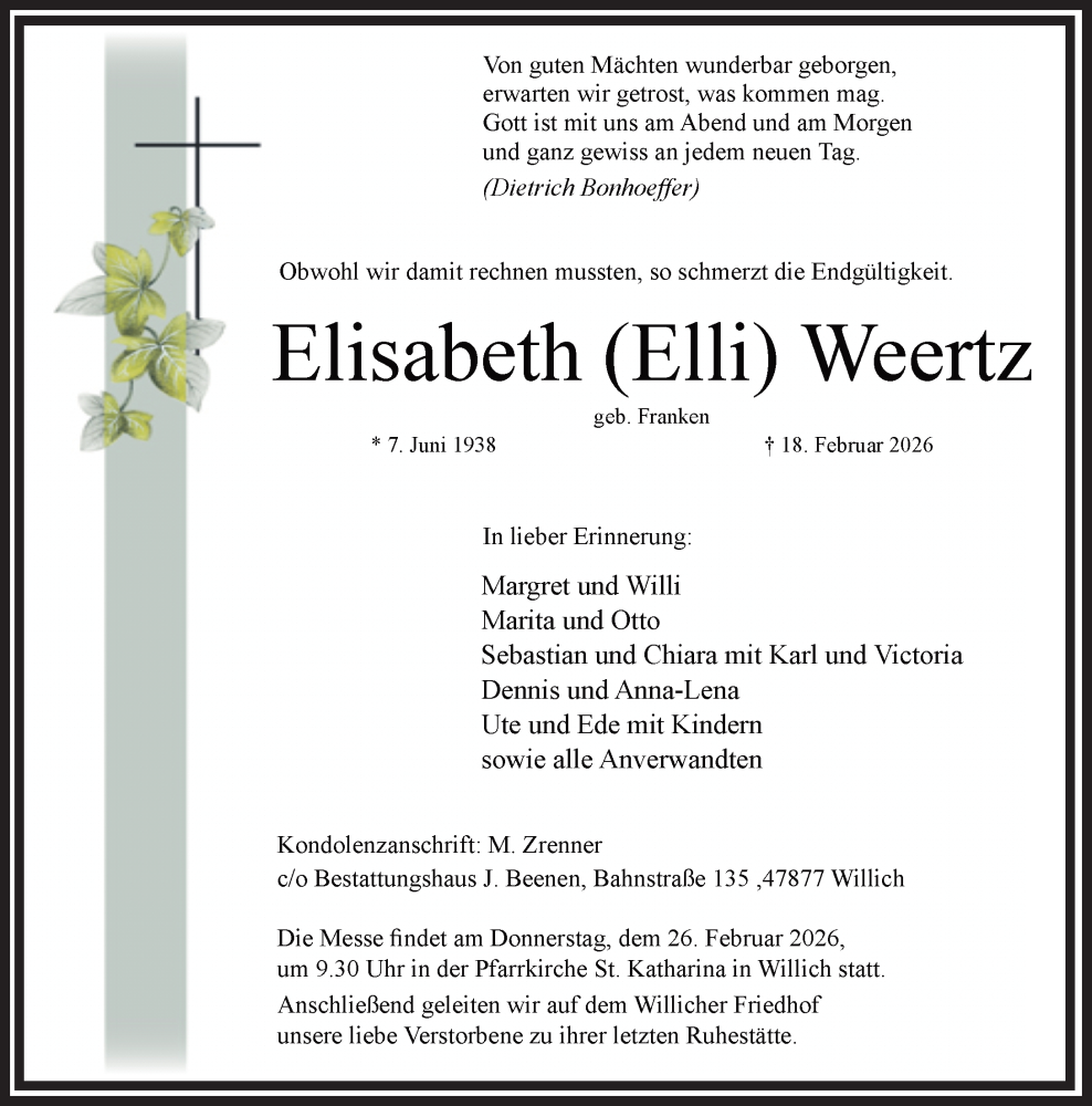  Traueranzeige für Elisabeth Weertz vom 22.02.2026 aus trauer.panorama-anzeigenblatt.de