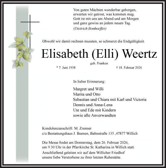 Traueranzeige von Elisabeth Weertz von trauer.panorama-anzeigenblatt.de