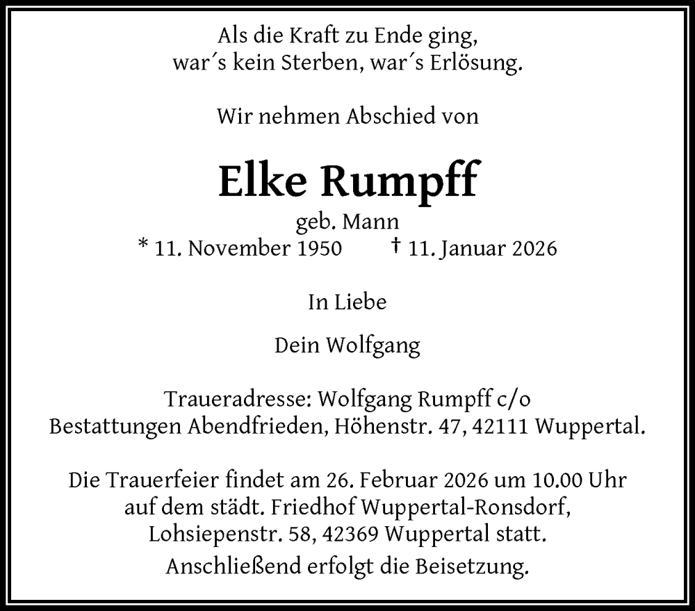  Traueranzeige für Elke Rumpff vom 21.02.2026 aus trauer.wuppertaler-rundschau.de