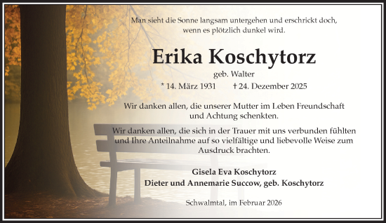 Traueranzeige von Erika Koschytorz von trauer.panorama-anzeigenblatt.de