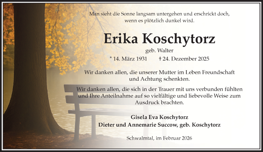  Traueranzeige für Erika Koschytorz vom 01.02.2026 aus trauer.panorama-anzeigenblatt.de