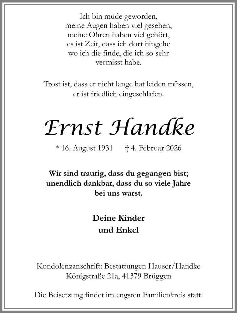  Traueranzeige für Ernst Handke vom 08.02.2026 aus trauer.panorama-anzeigenblatt.de