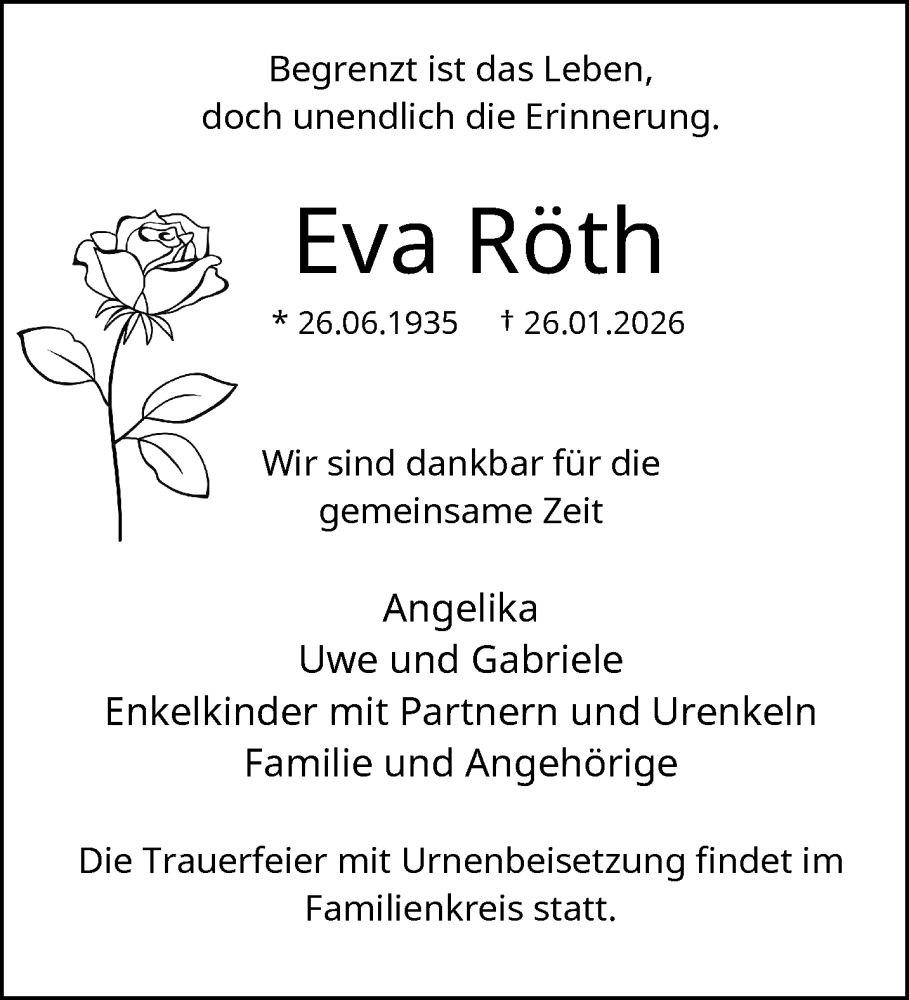  Traueranzeige für Eva Röth vom 07.02.2026 aus trauer.wuppertaler-rundschau.de