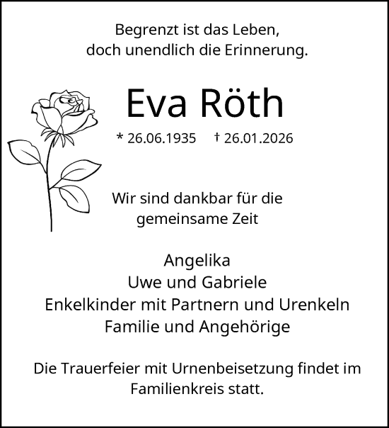 Traueranzeige von Eva Röth von trauer.wuppertaler-rundschau.de