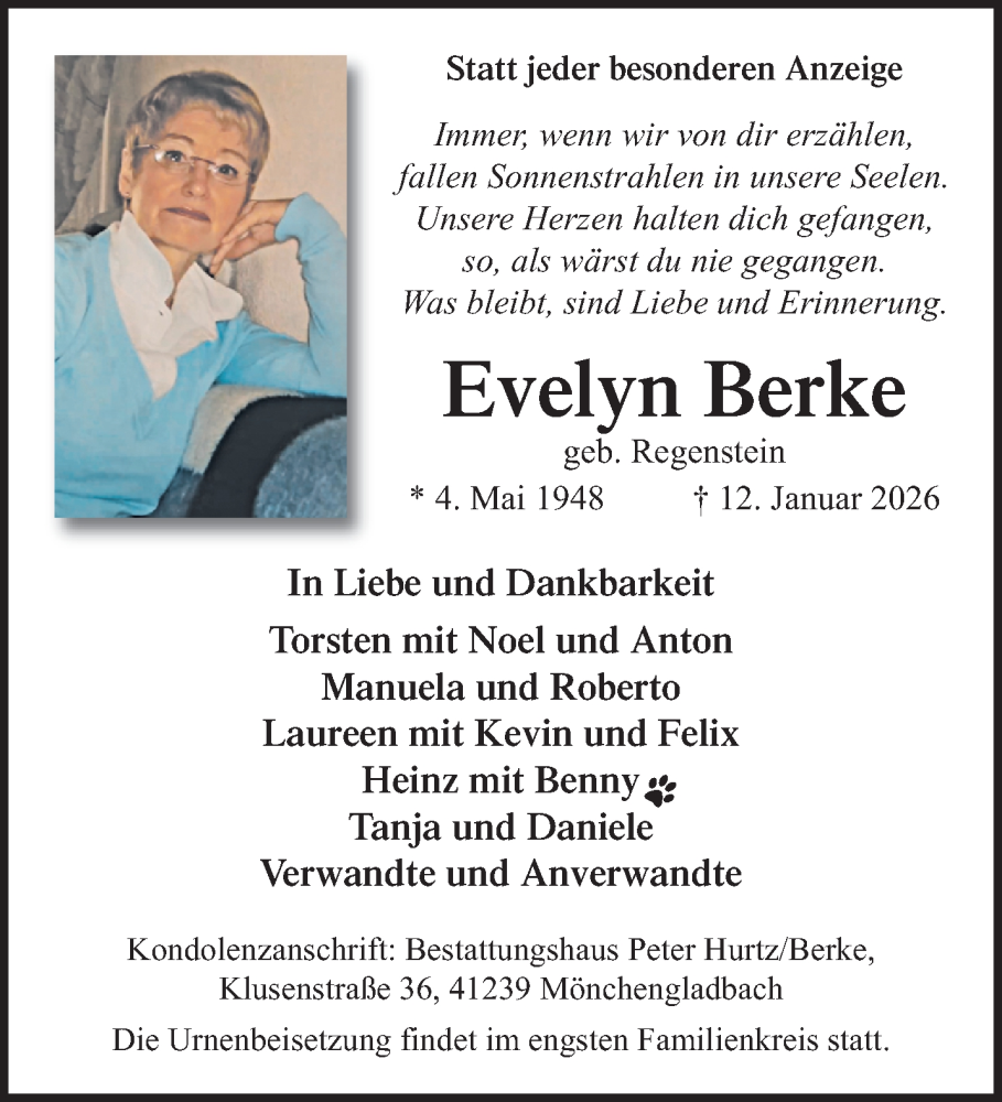  Traueranzeige für Evelyn Berke vom 01.02.2026 aus trauer.panorama-anzeigenblatt.de