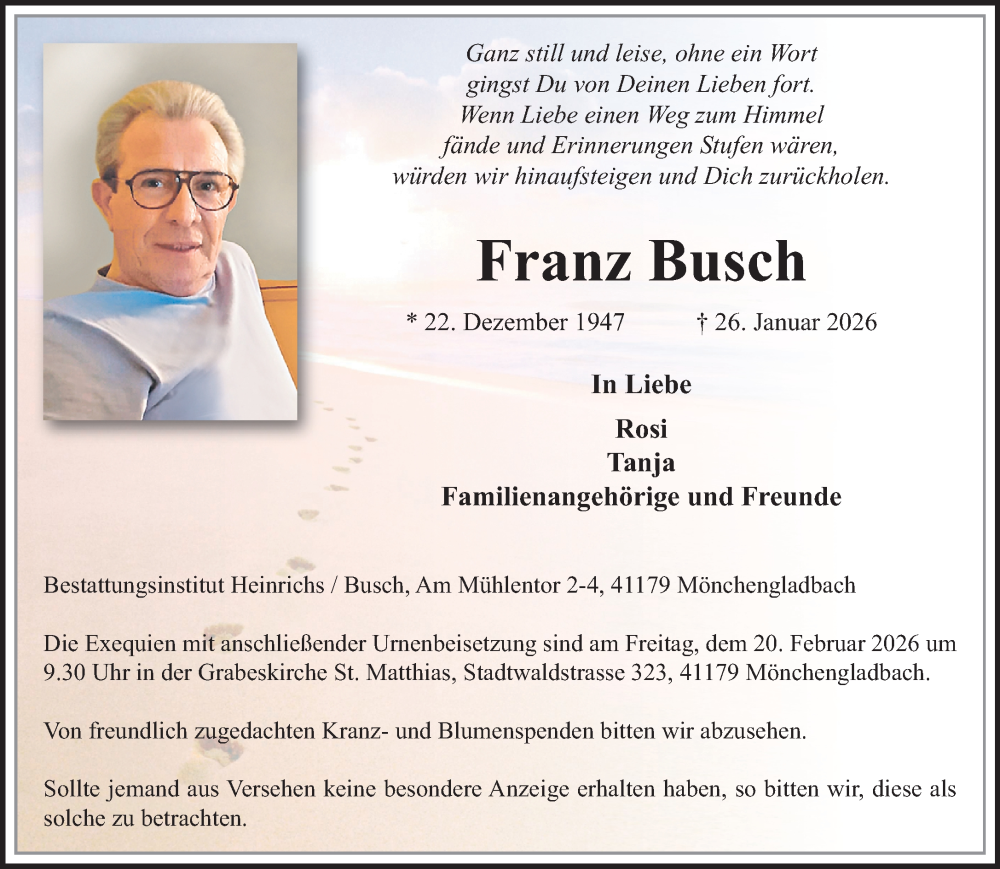  Traueranzeige für Franz Busch vom 08.02.2026 aus trauer.panorama-anzeigenblatt.de