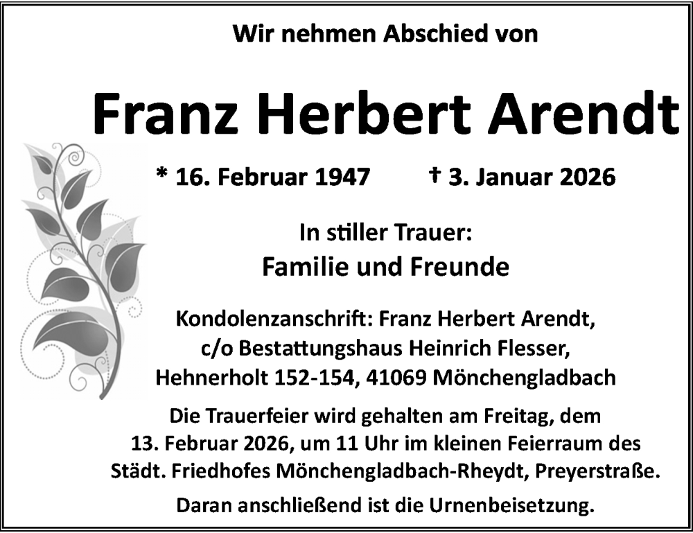  Traueranzeige für Franz Herbert Arendt vom 08.02.2026 aus trauer.panorama-anzeigenblatt.de