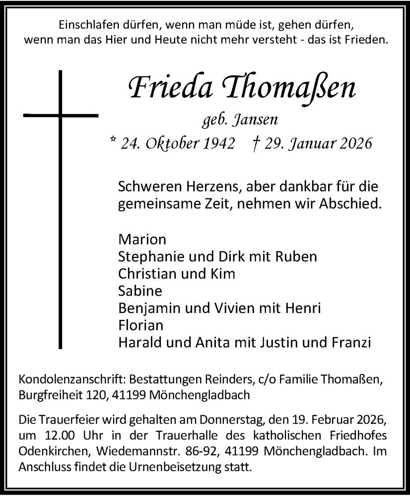  Traueranzeige für Frieda Thomaßen vom 08.02.2026 aus trauer.panorama-anzeigenblatt.de