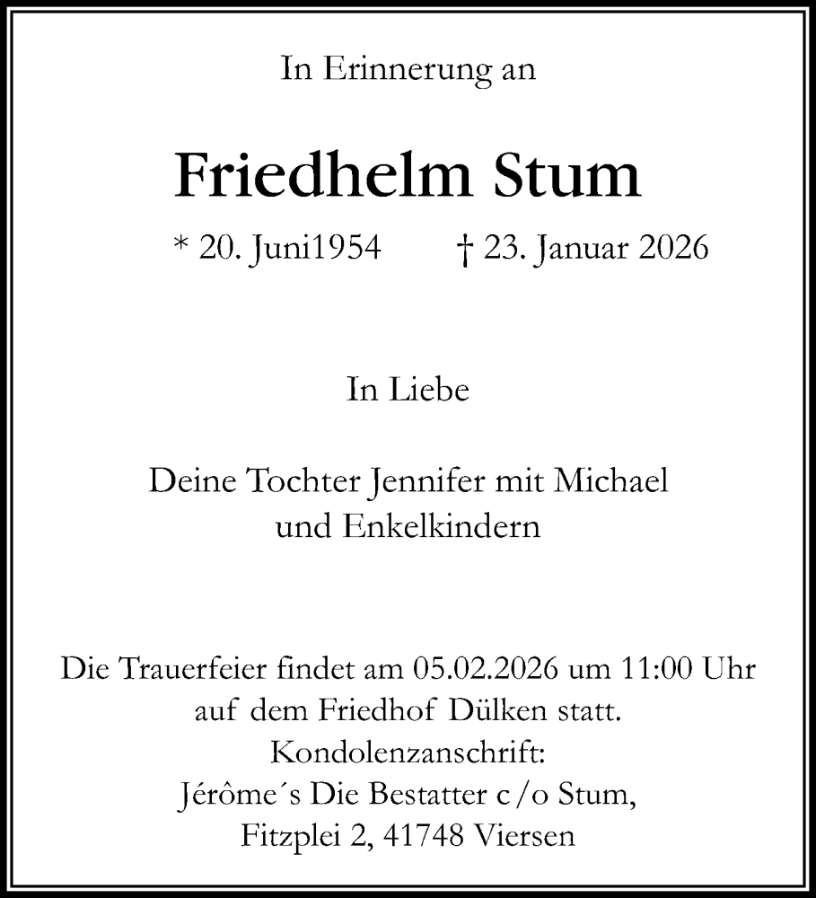 Traueranzeige für Friedhelm Stum vom 01.02.2026 aus trauer.panorama-anzeigenblatt.de