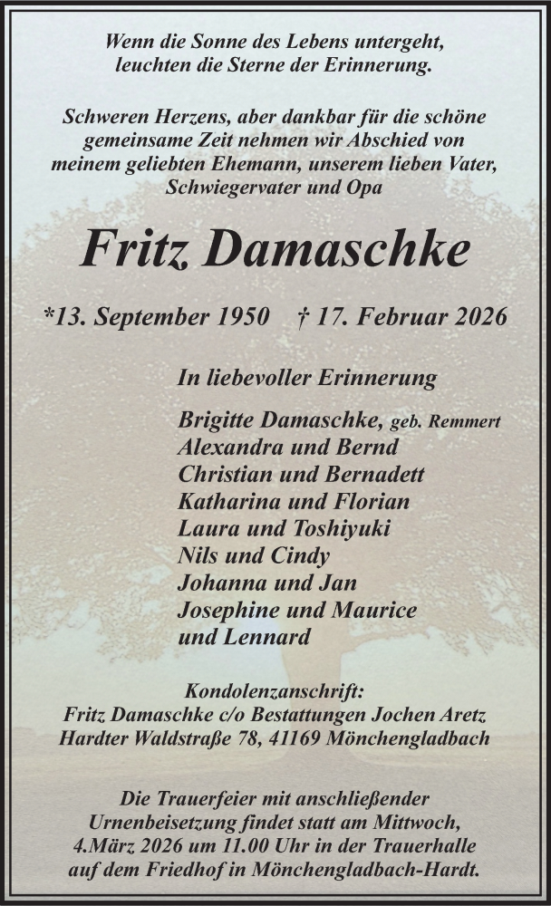  Traueranzeige für Fritz Damaschke vom 22.02.2026 aus trauer.panorama-anzeigenblatt.de