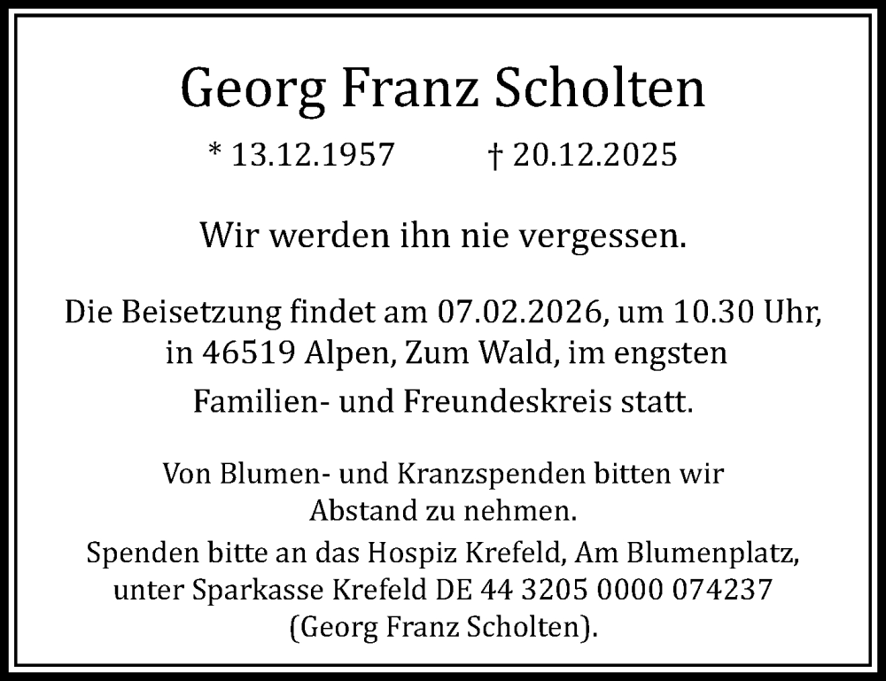  Traueranzeige für Georg Franz Scholten vom 01.02.2026 aus trauer.panorama-anzeigenblatt.de
