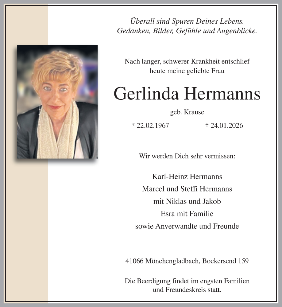  Traueranzeige für Gerlinda Hermanns vom 01.02.2026 aus trauer.panorama-anzeigenblatt.de